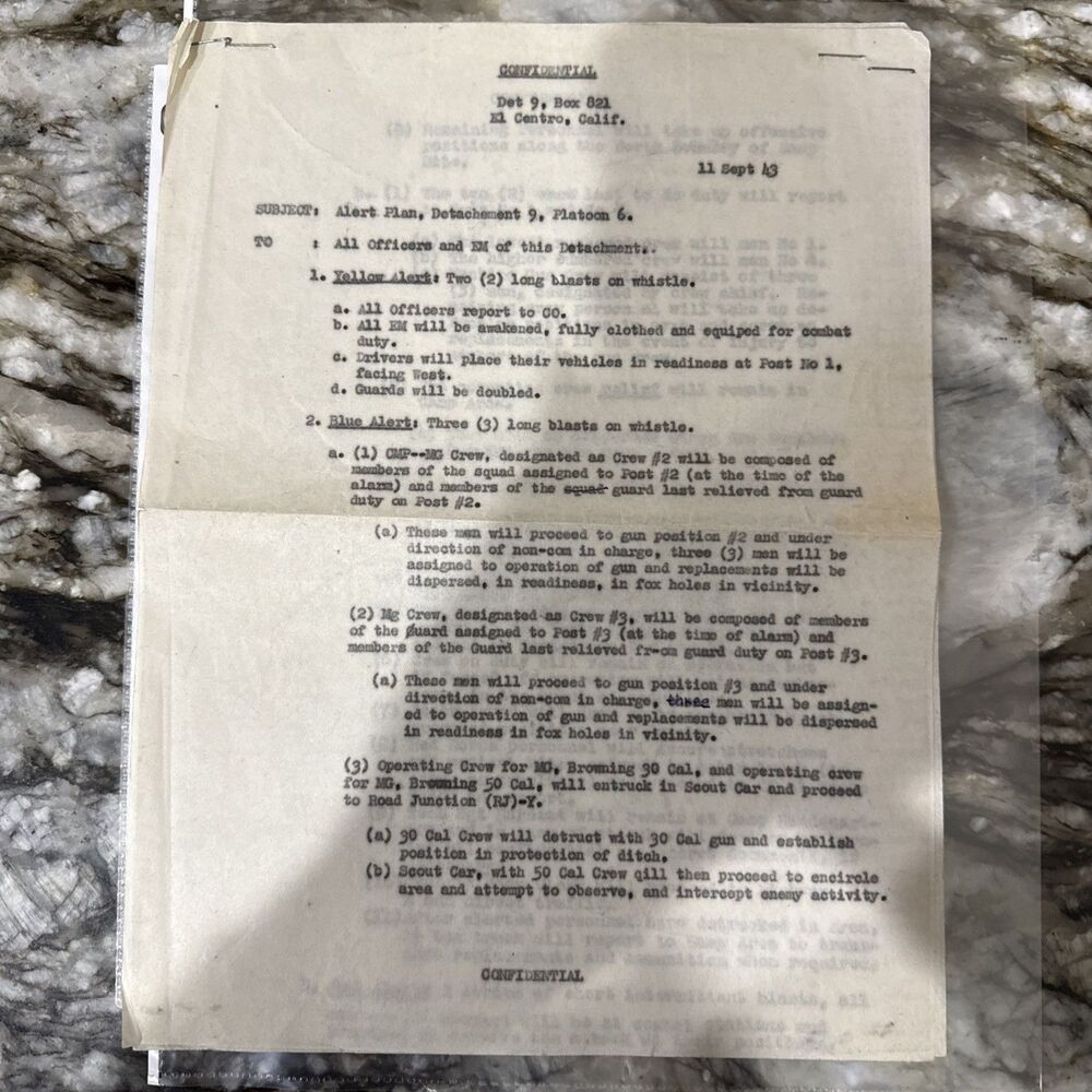 Vintage WWII “Confidential” Alert Plan  for El Centro, Ca Platoon